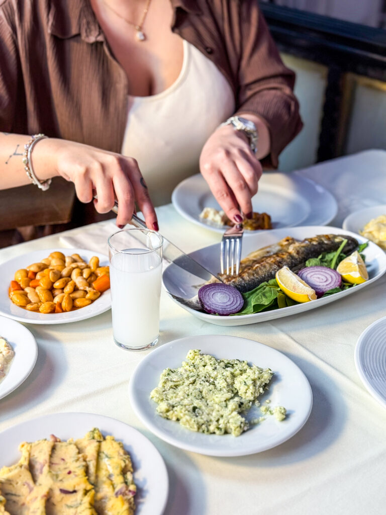 Nevizade'de, Taksim Fasıl Meyhane deneyimi sunan adaplı bir meyhanenin loş ışıklı masası. Rakı, Topik ve gedikli mezeler eşliğinde sohbet ortamı.